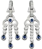 14K White Gold Hand-Crafted Designer Chandelier Earrings, Set with Pave and Bezel Diamonds and Tear-Drop Precious Sapphire Stones.(GH-Color, SI-Clarity, c.t.t.w. 0.96CT, Sapphire 1.21CT ).
