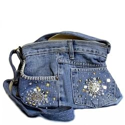 Denim Shoulder Bag with Silver Beads Crafted from Vintage Denim