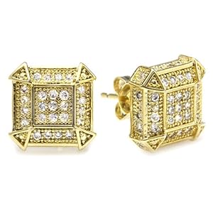 18k Yellow Gold Plated CZ Cubic Zirconia Cube Shaped Hip Hop Iced Cube Stud Earrings (10 mm x 10 mm )
