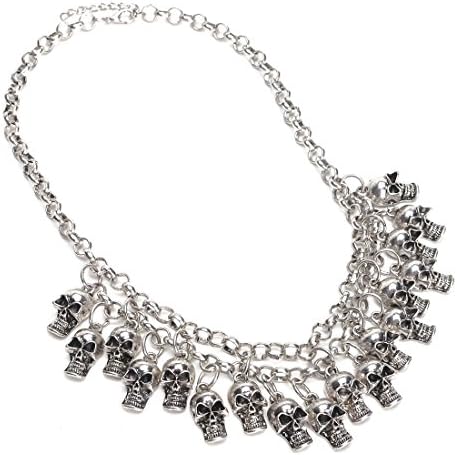 Vintage Silver Lots of Skull Skeleton Double Chain Pendant Bib Statement Necklace