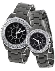 Orient Idea Ori-0272E Pair of Classic Style Stainless Steel Quartz Wristwatches with Rhinestones for Lovers Couples - Black