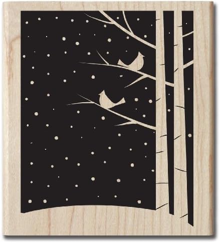 Two Birds on a Tree Snowy Night Wood Stamp