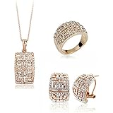 HSG Luxury Bride Wedding Jewelry Set Necklace Ring Earrings in Rose Gold Color for Lady