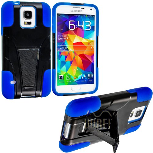 myLife Jet Black and True Blue - Neo Hybrid Series (Built In Kickstand) 2 Piece + 2 Layer Case for NEW Galaxy S5 (5G) Smartphone by Samsung (External Hard Fit Armor With Built in Kick Stand + Internal Soft Silicone Rubberized Flex Gel Bumper Guard)