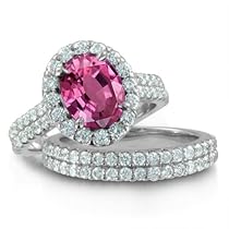 Natural Pink Sapphire Diamond Engagement Wedding Ring Bridal Set in Platinum Halo Ring (G, SI1, 4.05 cttw), 9x7mm, Certificate of Authenticity