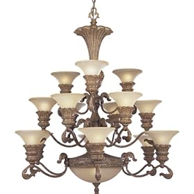 Progress Lighting P4175-26C Fifteen-Light, Three-Tier Foyer Fixture with Antique Stone Glass, Riviera Crackle