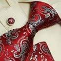 H5028 Designer Inspired Red Paisleys 100% Jacquard Woven Silk Tie Hanky Mens Brown Pattern Necktie and Cuff Links Cufflinks and Handkerchiefs Set with Presentation Box