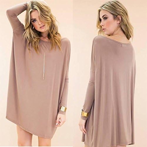 wpc USA Women Casual Long Sleeve Long Tunic Solid Top Scoop Neck T-Shirt Dress S- XL Khaki XL