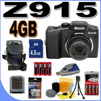 Kodak Easyshare Z915 10MP Digital Camera w/ 10x Optical IS Zoom (Black) 4GB BigVALUEInc Accessory Saver NiMH Bundle