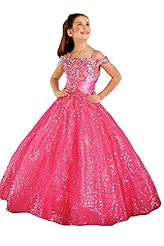 Girls Off the Shoulder Lace Sequined Floor Length   Ball Gown Pageant Dress 
