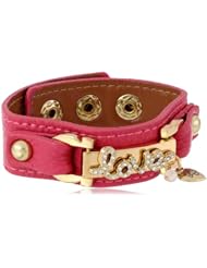 Betsey Johnson "Pink & Gold Boost" Pave Crystal Love Faux Leather Snap Bracelet, 8"