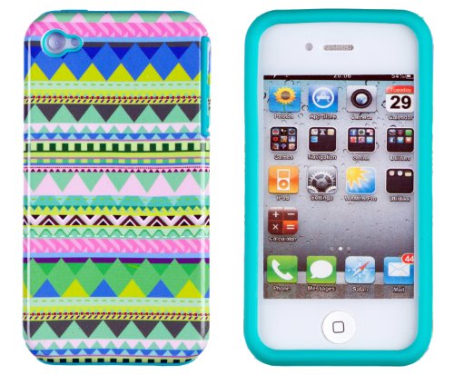 DandyCase 2in1 Hybrid High Impact Hard Mint Green & Pink Aztec Tribal Pattern + Teal Silicone Case Cover For Apple iPhone 4S & iPhone 4 + DandyCase Screen Cleaner