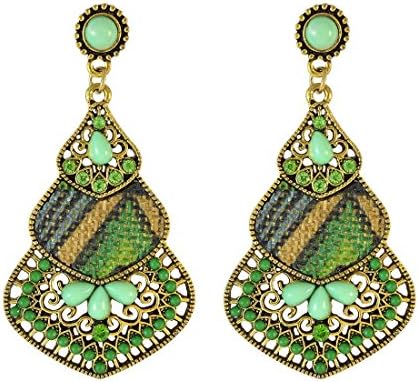 Jade India Women's Textured Stones &amp; Beads Drop Shape Ethnic Earring Green