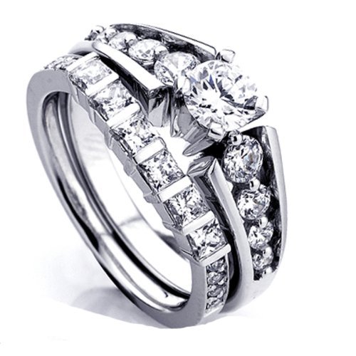 14k White Gold Princess & Round Diamond Ladies Bridal Ring Set