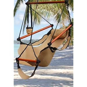 New Deluxe Tan Sky Air Chair Swing Hanging Hammock Chair with Pillow & Drink Holder