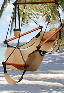 New Deluxe Tan Sky Air Chair Swing Hanging Hammock Chair W/ Pillow & Drink Holder