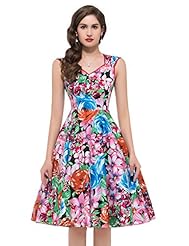 A-line V-neck Cotton Sleeveless Vintage Floral Print Cocktail Bridesmaid Dress 