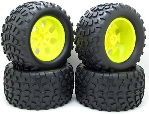 Tinygood 4pcs 12mm Wheel Hub RC Tires Black Rubber Tires Tyre & Plastic 7 Spokes Yellow Wheel Rims For RC 1: 10 Off-road Car Truck