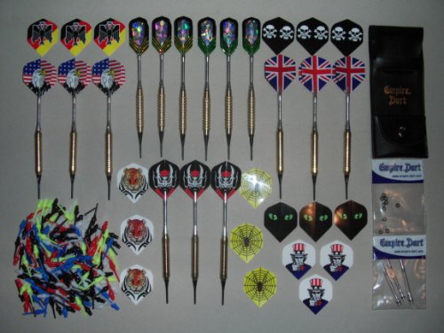 15 TOP-DARTPFEILE (2 Sorten), 1 EMPIRE®Darttasche, 100 bunte Spitzen, 18 Dart-Flights (6 Satz), Gummiringe, Schäfte.