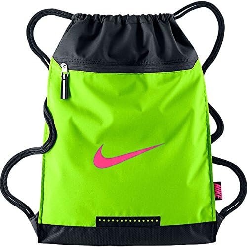 NIKE Team Training Drawstring Gymsack Backpack 400 Denier Sport Bookbag (Electric Green/Black with Signature Hyper Pink Swoosh)