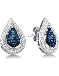 10K White Gold Micro Pave & Channel Set Round White and Blue Diamond Pear Shape Stud Earrings with Push Back Closure - (2/5 cttw)