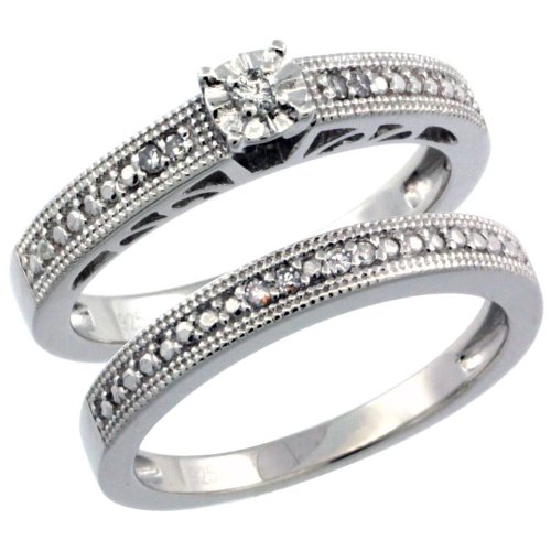 Sales Sterling Silver Vintage Style 2-Pc. 9-Stone Diamond Engagement Ring Set w/ 0.10 Carat Brilliant Cut Diamonds (Available in Sizes 5 to 10), size 6