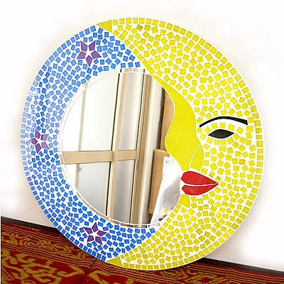 セール：【40％OFF】 バリモザイク ミラー 鏡 丸型 『三日月』 ブルーと黄 [D.50cm]