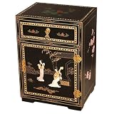Handmade 23" Chinese Black Lacquer Nightstand With Mother of Pearl & Jade - Romance Design