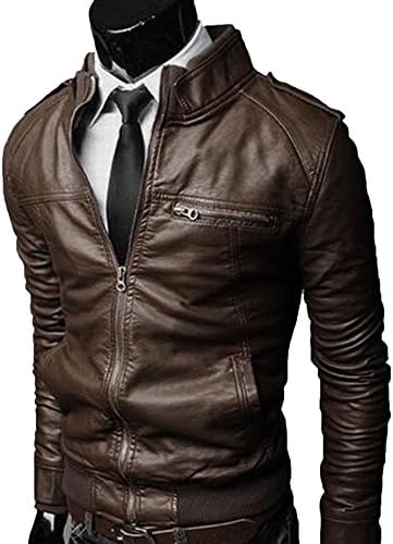 Diorot Men's Simple Stand Collar Faux Leather Jacket With Zip Coffee
