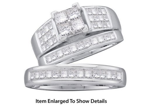 Stunning 3 Pc.14k. White Gold 1.66 Ct. Princess Cut Diamond Trio Wedding Set For Him and Her