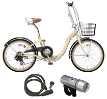 RayChell(レイチェル)カゴ付き20インチ6段変速折りたたみ自転車 MU-206R 【2カラー展開】 LED5連ライトSV-C11/ワイヤー錠OT-02 3点セット