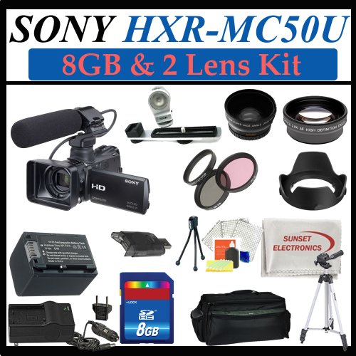 Sony Hxr-mc50u Ultra Compact Pro Avchd Camcorder with 8gb Sdhc Memory , Extra Replacement Battery, 3 Extra Lens, Deluxe Soft Carrying Case, Aluminum Tripod & Much More