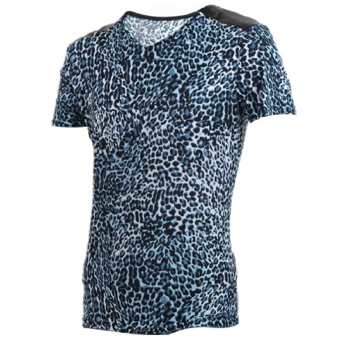 uxcell Men Leopard Print V Neck Shoulder PU Panel T-shirt