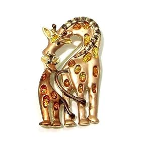 Color Enameled Brown Color Mother and Child Giraffe Gold Plated Brooch Pin