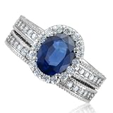 Milgrain Sapphire Engagement Ring Diamond Wedding Band Bridal Set in 14k White Gold Halo Ring (G, SI1, 2.56 cttw), 8x6mm