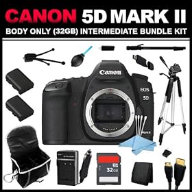 Canon EOS 5D Mark II 21.1MP Full Frame CMOS Digital SLR Camera (Body Only) (32GB Intermediate Bundle Kit) includes Charger, x2 Batteries, 32GB SD Card, USB Card Reader, HDMI Cable, Carrying Case, Mini Tripod, 67 Monopod, 57 Tripod and Cleaning Kit - 2764B003