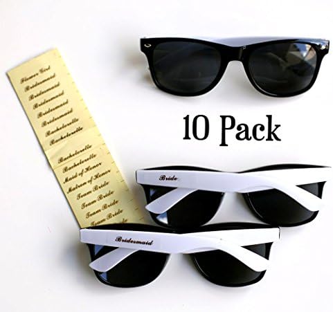 Bridal Party Sunglasses, Black and White, 10 pack, for Wedding and Bridal Shower, Retro Style Shades, UV 400, 36 Gold Stickers, Bride, Maid of Honor, Flower Girl, Bridesmaid, Bachelorette Party Swag