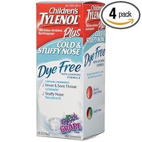 Tylenol Children’s Plus Cold & Stuffy Nose, Grape Dye Free, 4-Ounce Oral Suspension (Pack of 4)