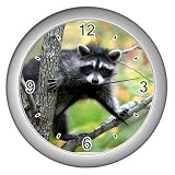 Silver Wall Clock of Cute Raccoon in Tree