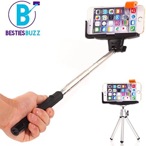 Selfie Stick by BestiesBuzz - Includes Mini Tripod and Action Camera Mount Accessory - Integrated Bluetooth Wireless Camera Shutter- Suits iPhone 4 5 6/Plus, Samsung Galaxy S3 S4 S5 S6/Edge
