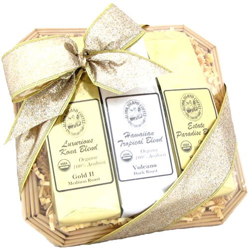 Christmas Hanukkah Occasion Hawaiian Coffee:Christmas, Hanukkah, All Occasion Gold Ribbon Hawaiian Coffee Sampler Gift Basket, Ground Coffee, Brews 36 Cups