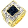 Men's Ring - 14kt Shiny Gold Plating with Round Clear CZ and Square-Shaped Blue CZ (Sizes 9-14)