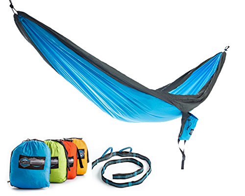Double Parachute Camping Hammock with FREE Tree Straps by Youphoria Outdoors - Lightweight Nylon Compression Travel Hammock with Premium Wiregate Aluminum Carabiners. 100% SATISFACTION MONEY-BACK GUARANTEE