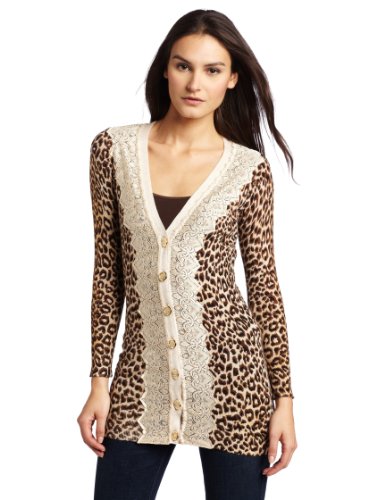 Charlotte Tarantola Women's Betty Animal Lace Cardigan Sweater, Brown, Large