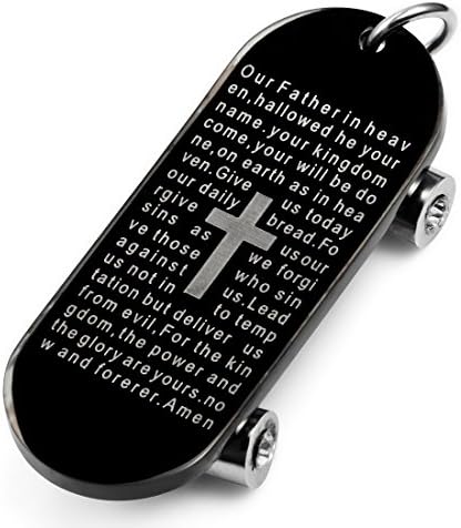 Men's Stainless Steel Pendant Necklace Black Bible Lords Prayer Cross Skateboard -with 23 inch Chain