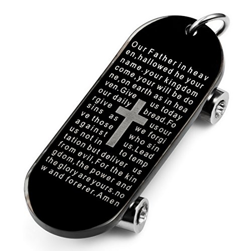 Men's Stainless Steel Pendant Necklace Black Bible Lords Prayer Cross Skateboard -with 23 inch Chain