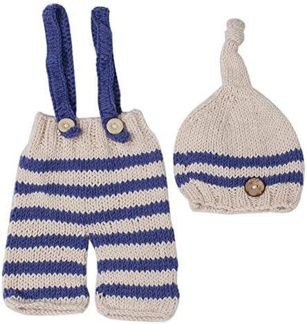 Space PH Newborn baby photography props infant knit crochet costume blue striped soft outfits elf button beanie+pants baby shower gift