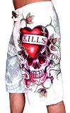 New Ed Hardy Mens Love Kills Slowly Tattoo White Board Shorts Swim Trunks