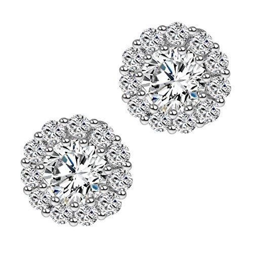 Cuccu 9MM 18k White Gold Plated Cubic Zirconia Flower Earrings for Women Girls Jewelry Halo Stud Earrings