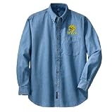 Custom embroidered mean face tennis ball design on denim shirt